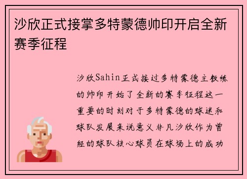 沙欣正式接掌多特蒙德帅印开启全新赛季征程